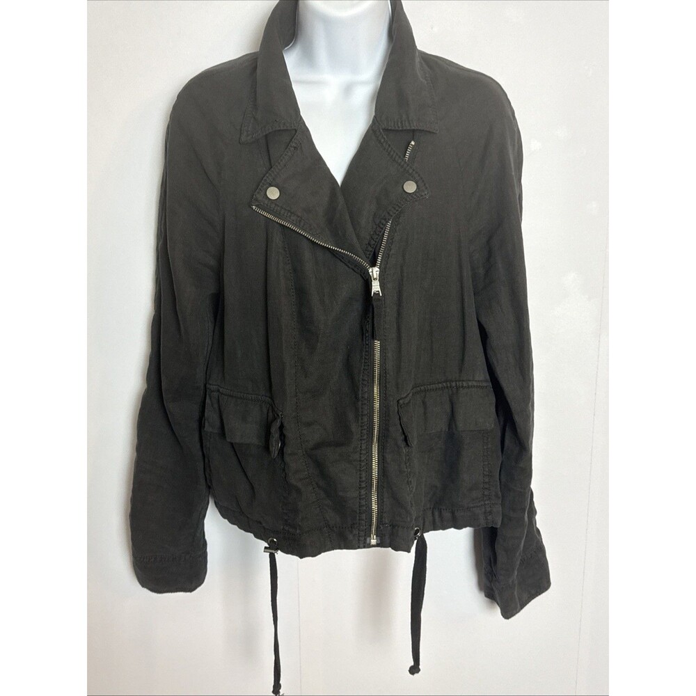 Marrakech‎ Anthropologie Womens Moto Jacket M Linen Washed Black Crop Biker